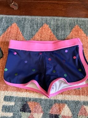Mini Boden Girls Navy Swim Shorts with Pink Trim and Multicolor Dots
